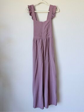 Heyson Mauve Ruffle Strap Jumpsuit Cropped Wide Leg Linen Blend M